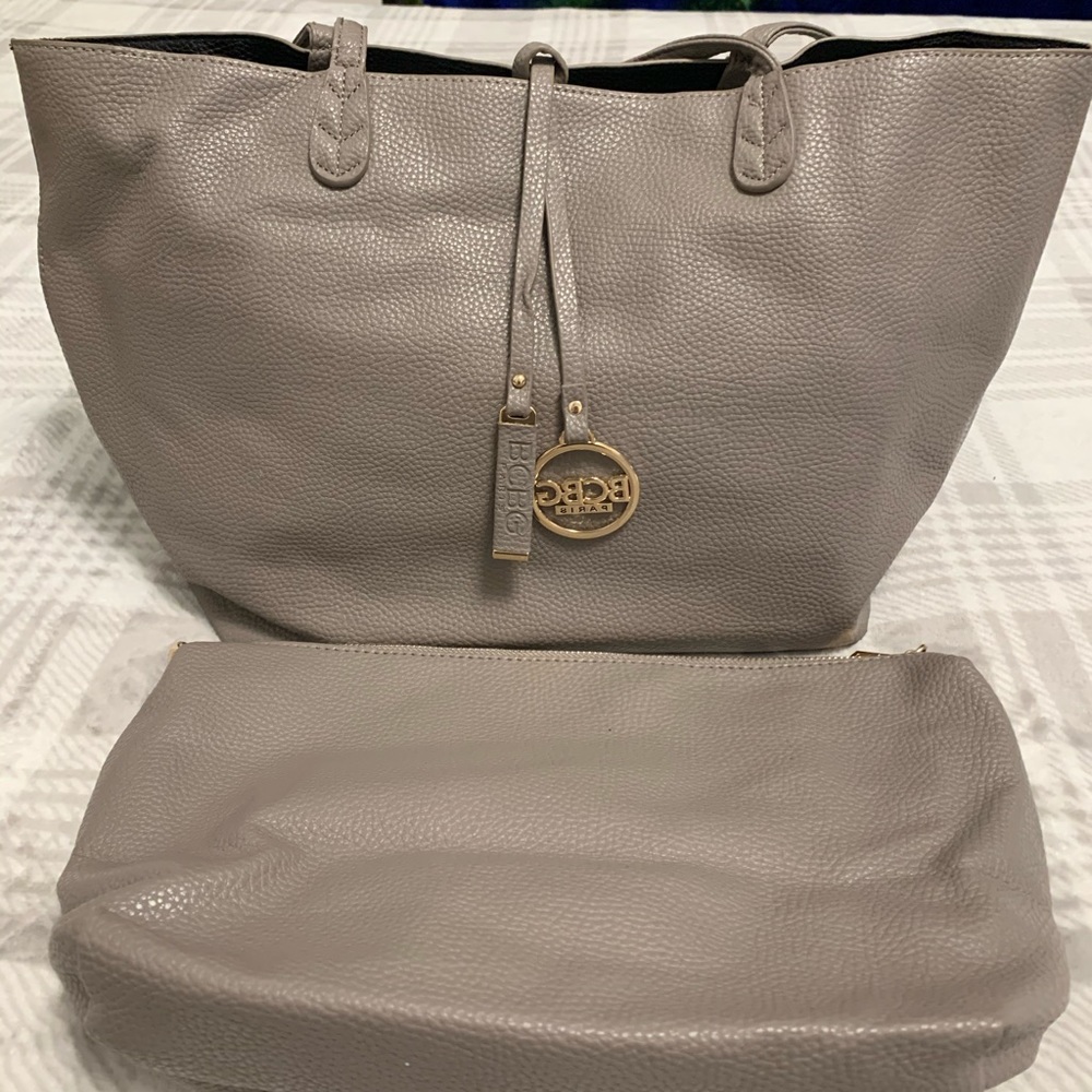 BCBG Gray reversible tote with pouch